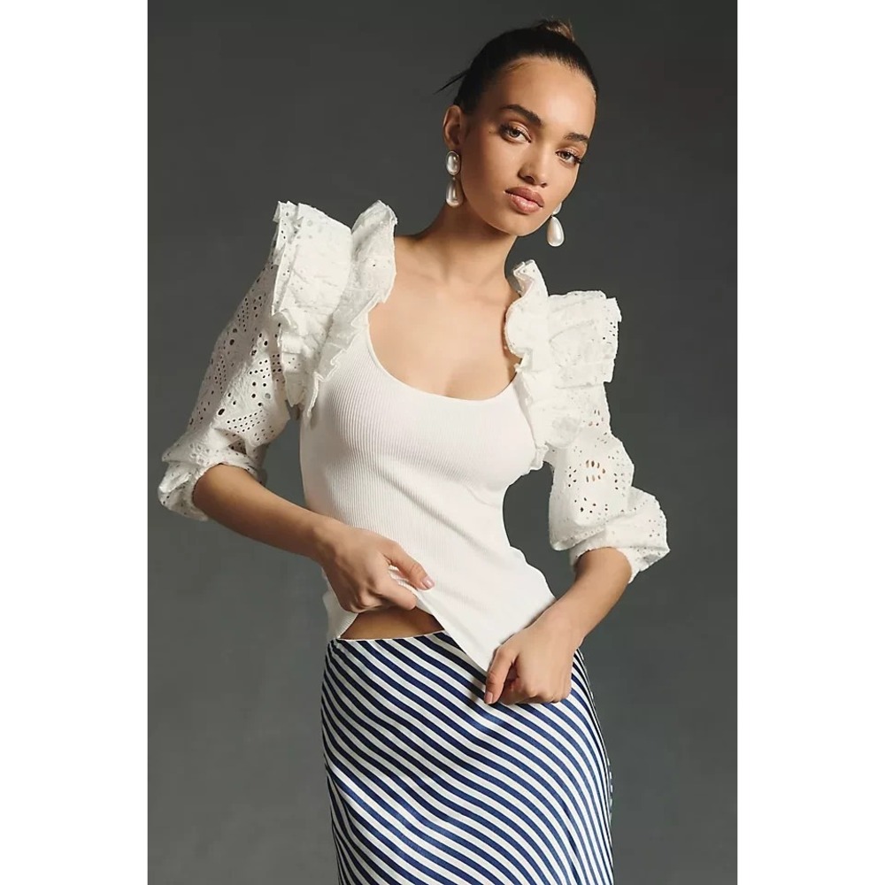 Anthropologie Dolan Eyelet Ruffle-Sleeve Sweater Women's White Rib Scoop - Small